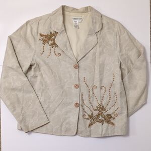 Coldwater Creek Beige Embroidered Beaded Blazer - Women's Size Large Lightweight